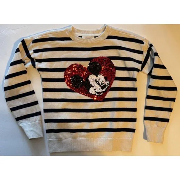 Gap Kids Disney Mickey Mouse Flippy Sequin Sweater Heart Stripes Medium GapKids - Picture 9 of 9